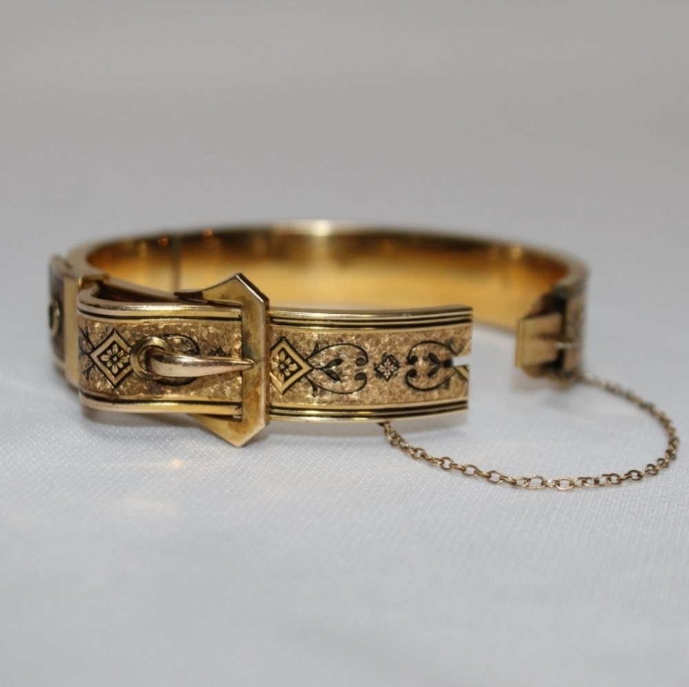 Antique Victorian 10K Gold Filled Enamel Taille D'Epargne Buckle Bangle Bracelet - Picture 6 of 8